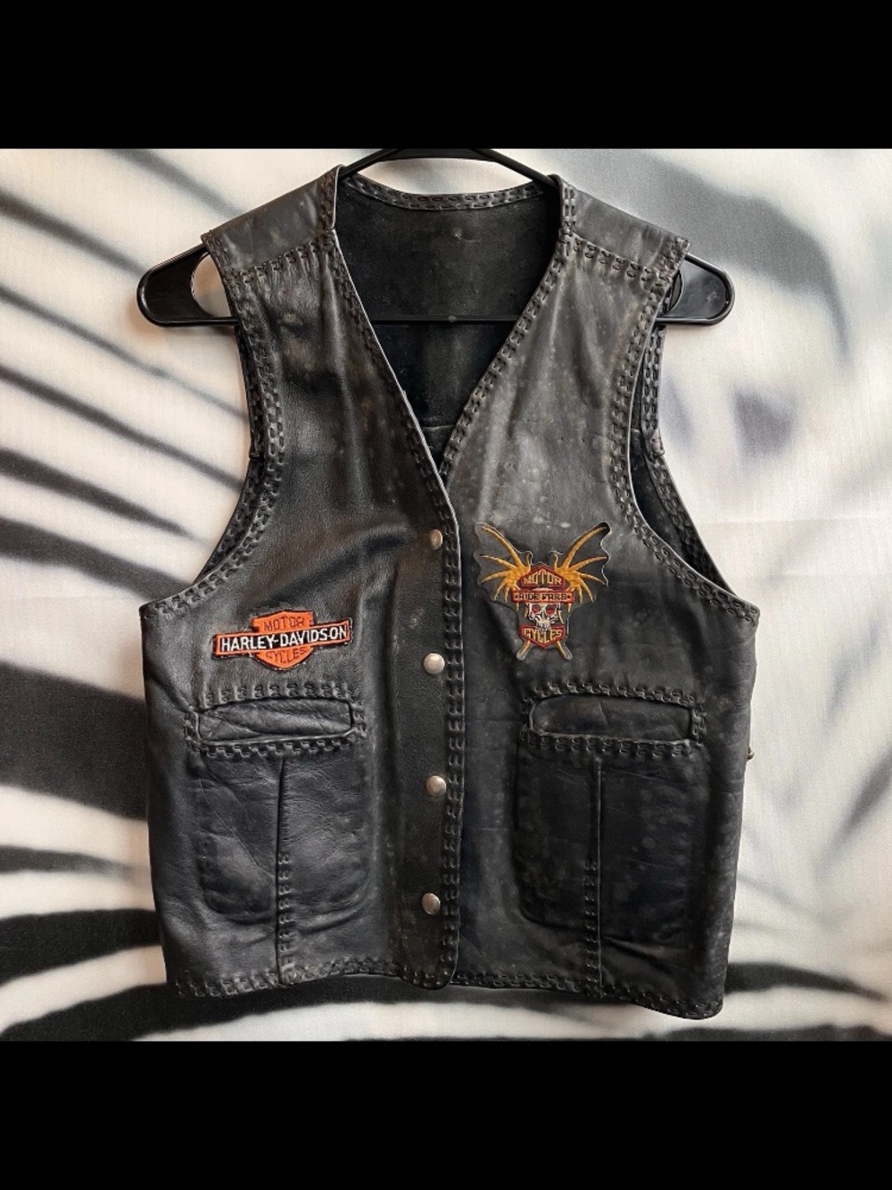 Vintage Biker Leather Vest Women's S Black Patches Motorcycle 70s 80s 90s Rau Co